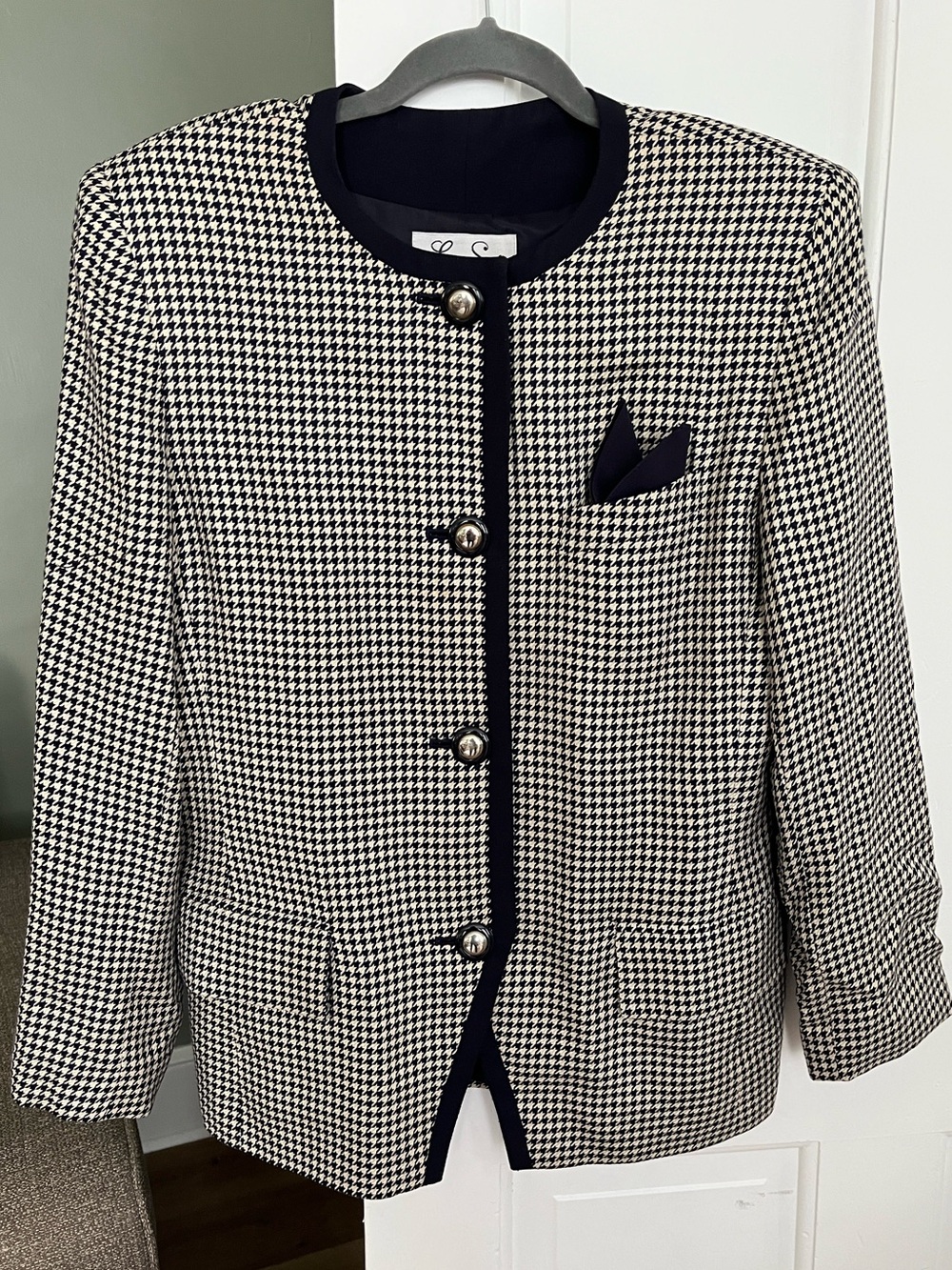 Le Suit Navy White Houndstooth Blazer Jacket Size 12